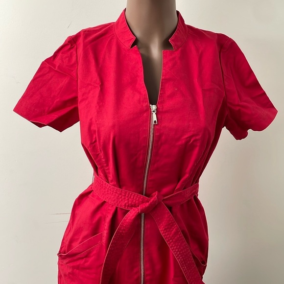 Lafayette 148 New York Zipper Midi Dress Shortsleeve Wasit Tie Red Shift 8 - Picture 3 of 9